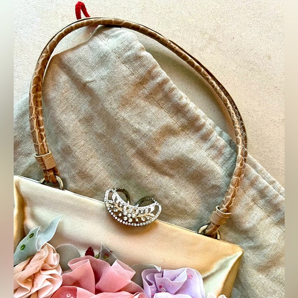 Used once! Valentino champagne satin purse w/ floral appliqué/ snakeskin handles - Picture 5 of 11